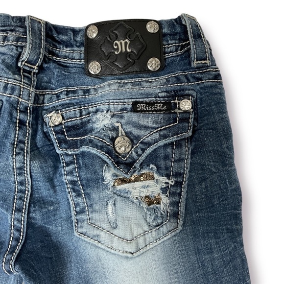 Miss Me Cuffed Skinny Flap Pocket Sequin Detail Distressed Jeans Sz 27 - Picture 9 of 12